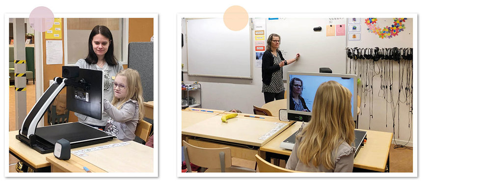 Två bilder på Sofia i klassrummet när hon använder sin läskamera MagniLink Zip.
