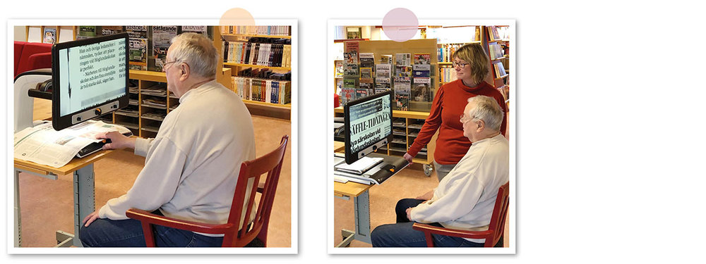 En bild på Åke vid läkameran när han läser tidningen. En annan bild på Åke och bibliotekschef Maria Persson.