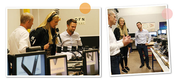 Två bilder som visar Radio Kronobergs reporter på besök hos LVI. Hon visas runt av Petter Helge och Henrik Blomdahl.
