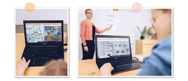 Två bilder som visar en elev i klassrummet som använder MagniLink mjukvara för att på sin skärm samtidigt visa bild från avstånds- och närkamera.