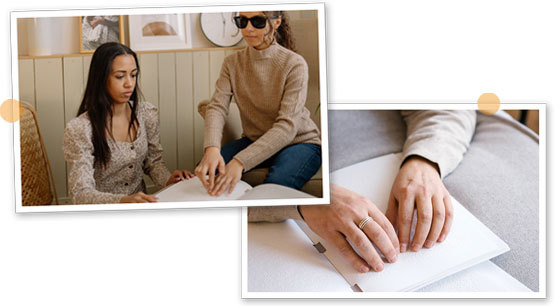 One image of two girls reading braille in a book. Another image shows a close-up of the hands.
