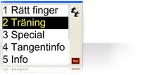 Bild på en meny där det bland annat står 1- rätt finger, 2-träning, 2-special, 4-tangentinfo osv.