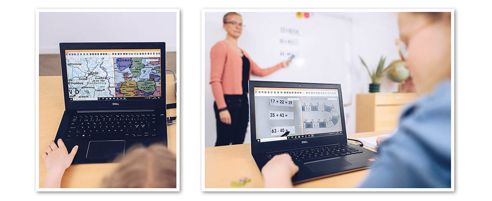 Zwei Bilder, die zeigen, wie ein Schüler im Klassenzimmer zwei Bilder auf seinem Bildschirm sieht, eines von der Fernkamera und eines von der Kamera, die ein Bild aus dem Lehrbuch zeigt.