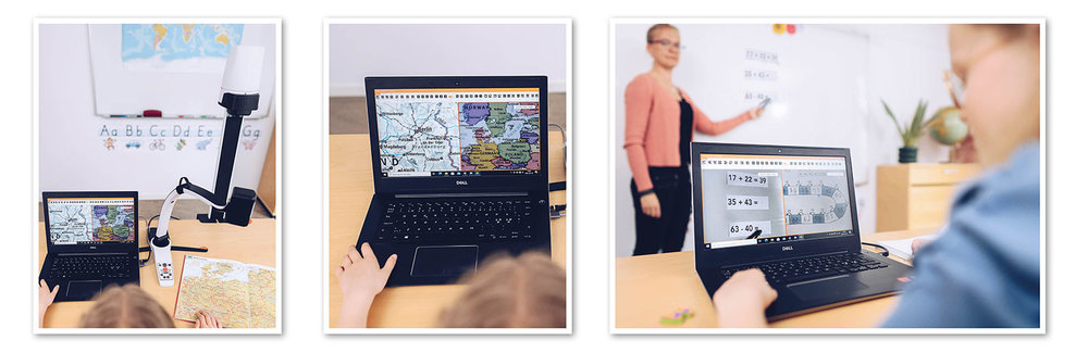 Tre bilder som visar hur elev i klassrummet ser två bilder på sin skärm, en från avståndskameran och en från kameran som visar bild från läroboken.