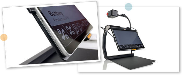 To bilder av MagniLink TAB 2, et nærbilde av USB-C-kontakten og ett av hele enheten med kameraet i avstandsmodus.