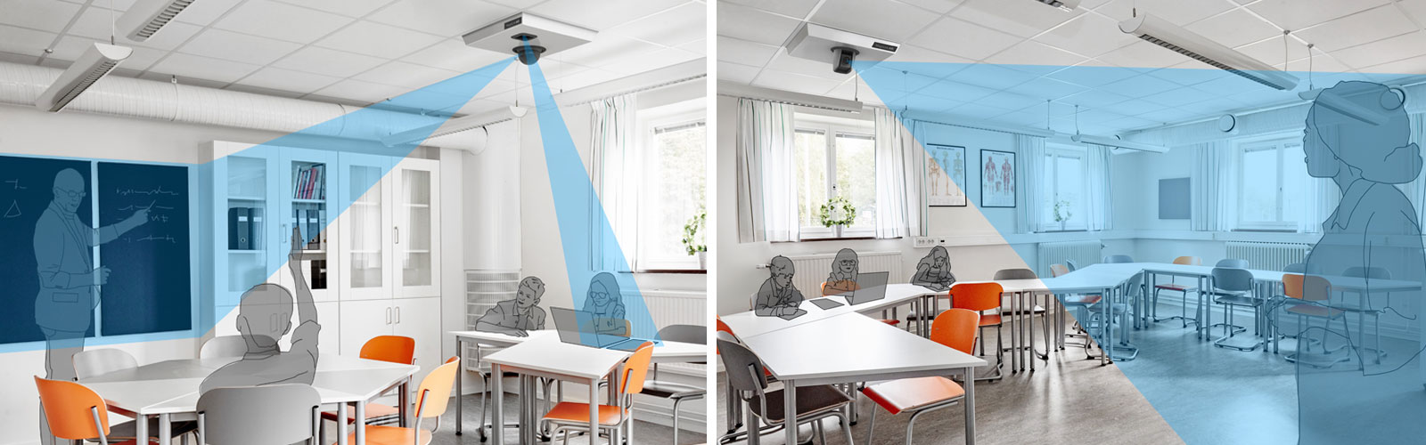 MagniLink AIR: Zwei Klassenzimmerbilder, die zeigen, wie MagniLink AIR Uno und Duo in einem Klassenzimmer eingesetzt werden, um Schülern mit Sehbehinderung zu helfen.