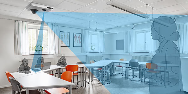 Illustration von Schülern in einem Klassenzimmer, in dem ein MagniLink AIR Duo an der Decke montiert ist.