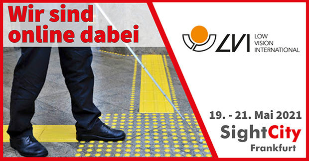 Bild zeigt Teile der Beine eines Mannes, der mit weißem Stock geht. Das Bild zeigt den Text Wir sind online dabei und die Daten vom 19. bis 21. Mai, die für SightCity gelten.
