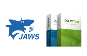 Billeder af JAWS-logoet med den blå haj og ZoomText-bokse.
