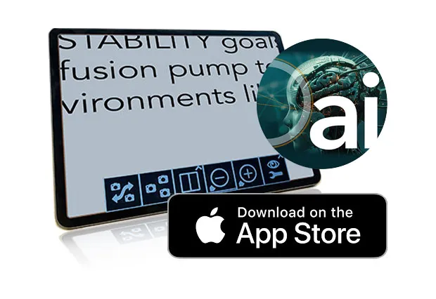 En iPad med MagniLink Viewer-softwaren på skærmen, et symbol for AI og et skilt med teksten "Download i App Store".