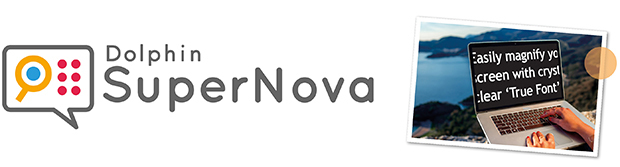 Logotype for SuperNova og et billede af en bærbar computer med SuperNova på skærmen.