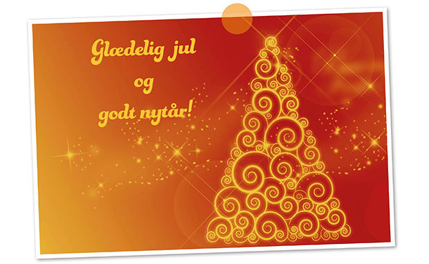 Julekort med juletræ og teksten glædelig jul og godt nytår.