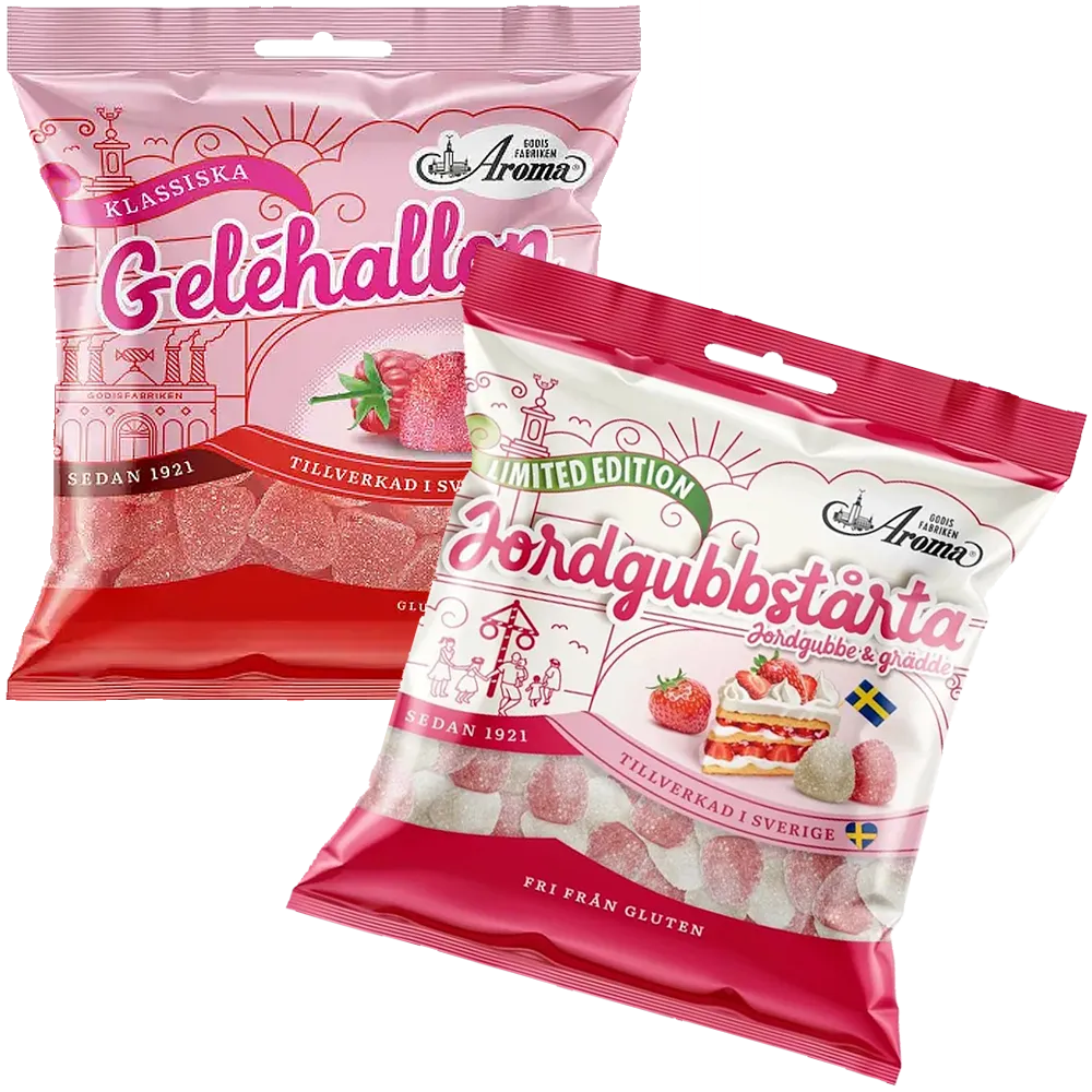 Aroma Jordgubbstårta125g+Geléhallon125g | Sortiment | Gottegrisen