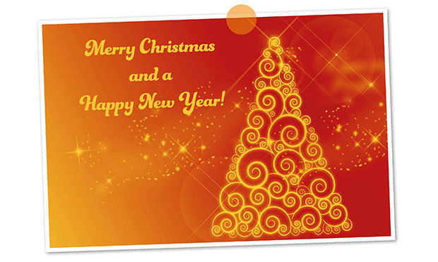 Christmas card with Christmas tree and the text Merry Christmas and Happy New Year.