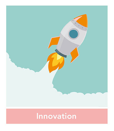 Picture of a rising rocket as a metaphor that we can go as far as we like with innovation. The core value of innovation is written below.
