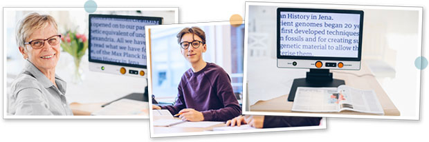 Trois photos. La première montre un MagniLink One utilisé par une femme âgée à son domicile, la deuxième dans un environnement scolaire et la troisième est une photo du produit MagniLink One.