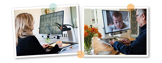 Två bilder. Den första visar en kvinna som sitter hemma och använder MagniLink Vision för att lösa ett soduku. Den andra bilden visar en man som använder enheten för att titta på foton.