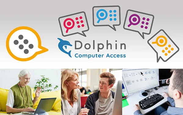 Image showing the logotypes for various Dolphin software inluding Dolhin Computer Access logotype. The image also shows three photos of user situations at home, in school and at a workplace.