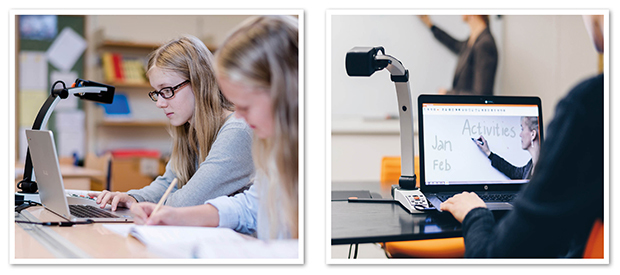 Two pictures, where one picture shows two girls sitting on the desks in the classroom and working. One student uses a computer and MagniLink S Premium 2. The second picture shows how a student uses the distance camera to see what the teacher is writing on the board.