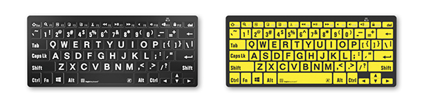 Two large print keyboards. One with white text on black background and one with black text on yellow background.