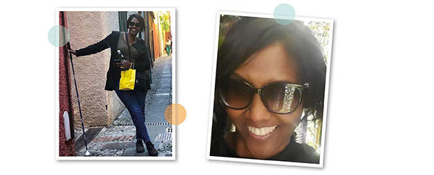 Two pictures. One of Jacki outside with her cane and then a close-up of Jacki.