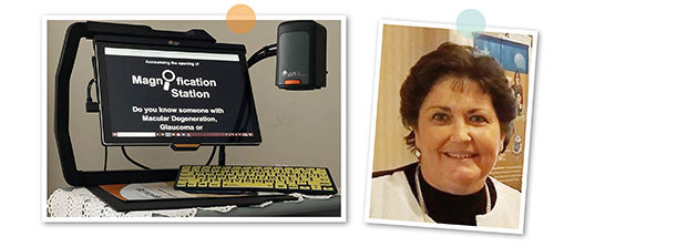 One picture of MagniLink TAB with text about Magnification station on the screen. Another picture of Julie Akers.