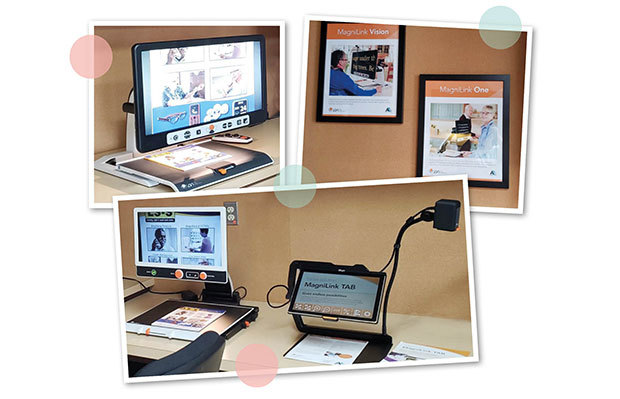 Collage with three pictures from A2A's showroom. A picture of ML Vision, one showing Zip and TAB and the third picture showing paintings with LVI's video magnifiers Vision and One