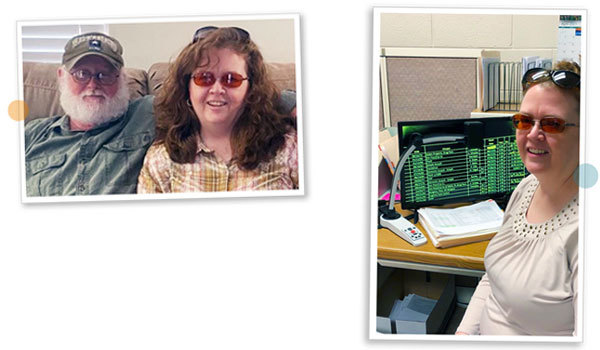 Rebecca with her husband Jim in front of her working station.