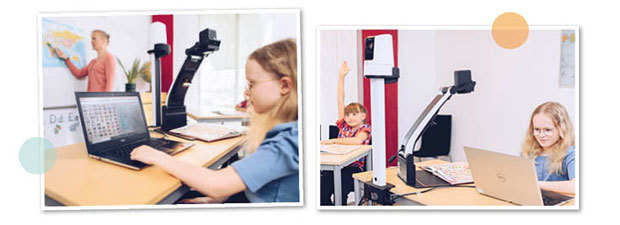 Two pictures, from different directions, that show a visually impaired student in the classroom. On her computer screen she sees two pictures, one from the distance camera MagniLink AIR Distance which shows the map on the board and one from the document camera that shows a picture from the textbook.