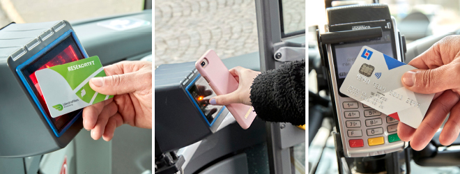 Resekort och mobilbiljett ska valideras genom att hållas upp nya läsaren. Köp med betalkort ska göras i betalkortsterminalen.