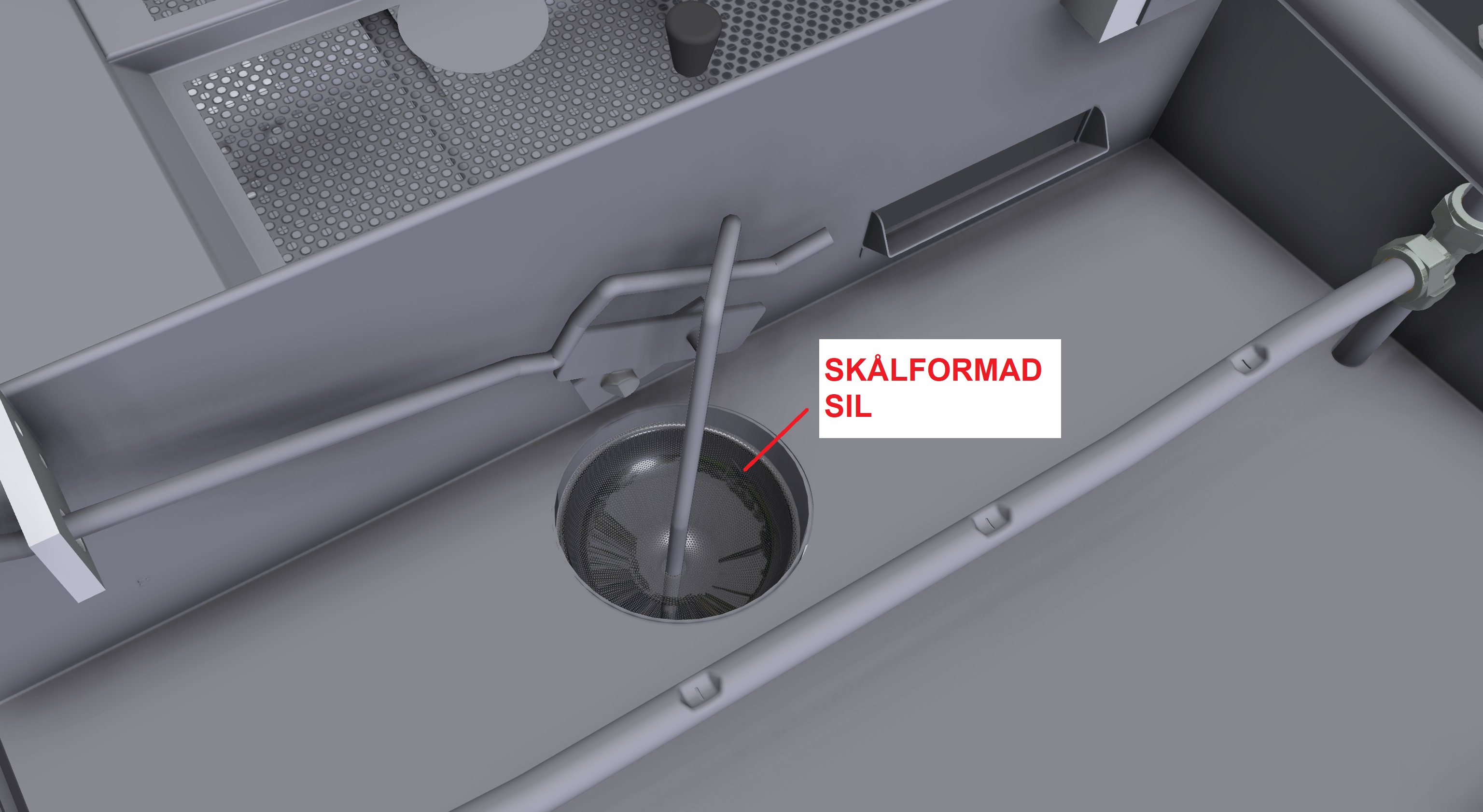 ritning av tvättmaskin med illustrering av problemområde skålformad sil