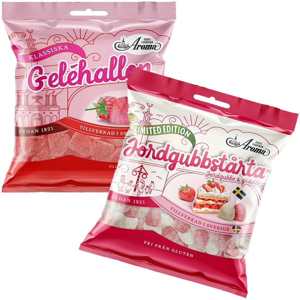 Aroma Jordgubbstårta125g+Geléhallon125g | Sortiment | Gottegrisen