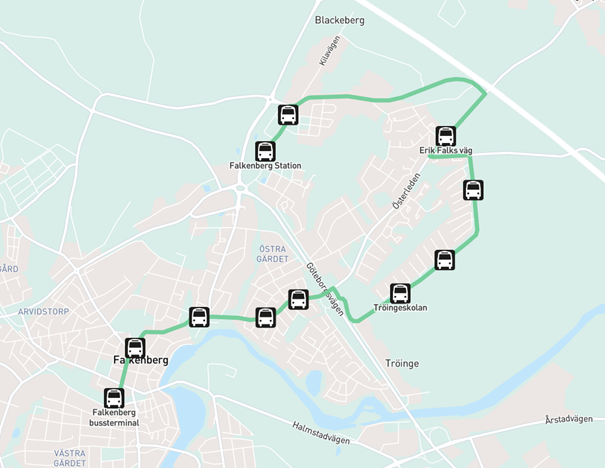 Karta över linje 15 i Falkenberg