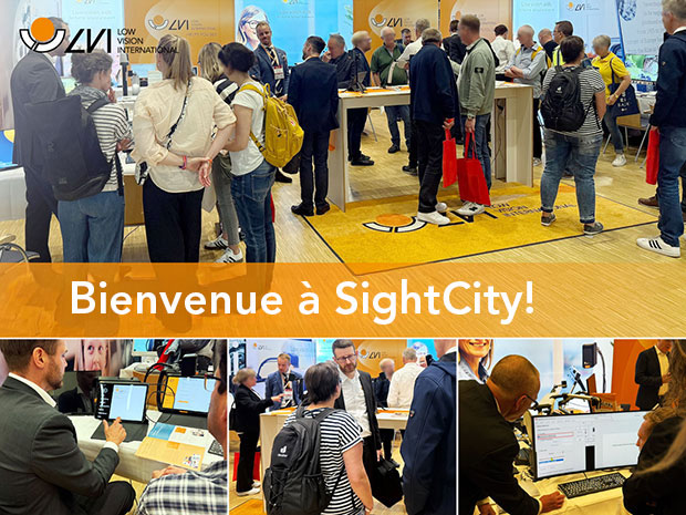 Collage de photos des salons précédents. Vous y verrez notamment le dos de nombreuses personnes sur le stand et l'équipe LVI présentant nos aides visuelles.