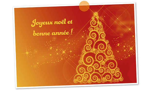 Carte de Noël avec arbre de Noël et le texte Joyeux Noël et bonne année.